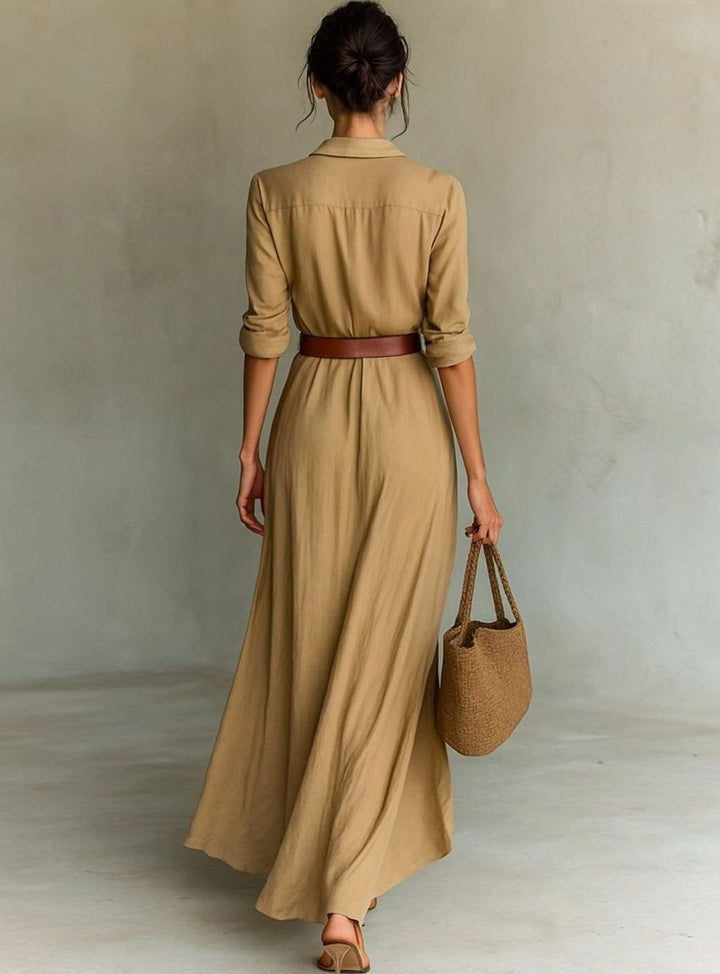 Women's Long-Sleeve Belted Shirt-Collar Flowy Maxi Dress, Khaki