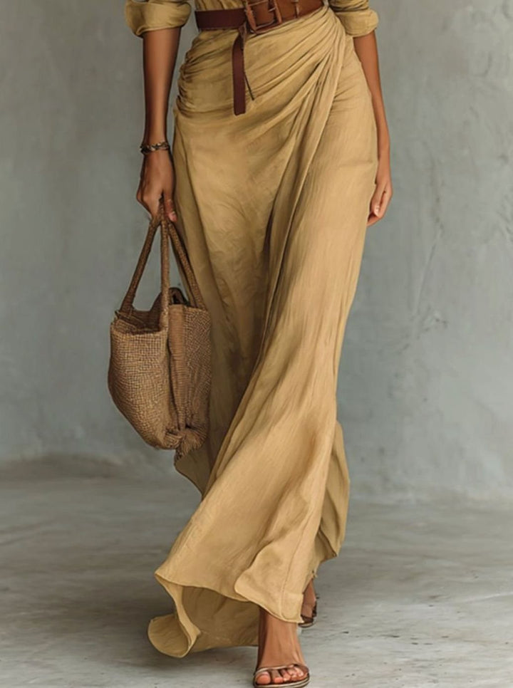 Women's Long-Sleeve Belted Shirt-Collar Flowy Maxi Dress, Khaki