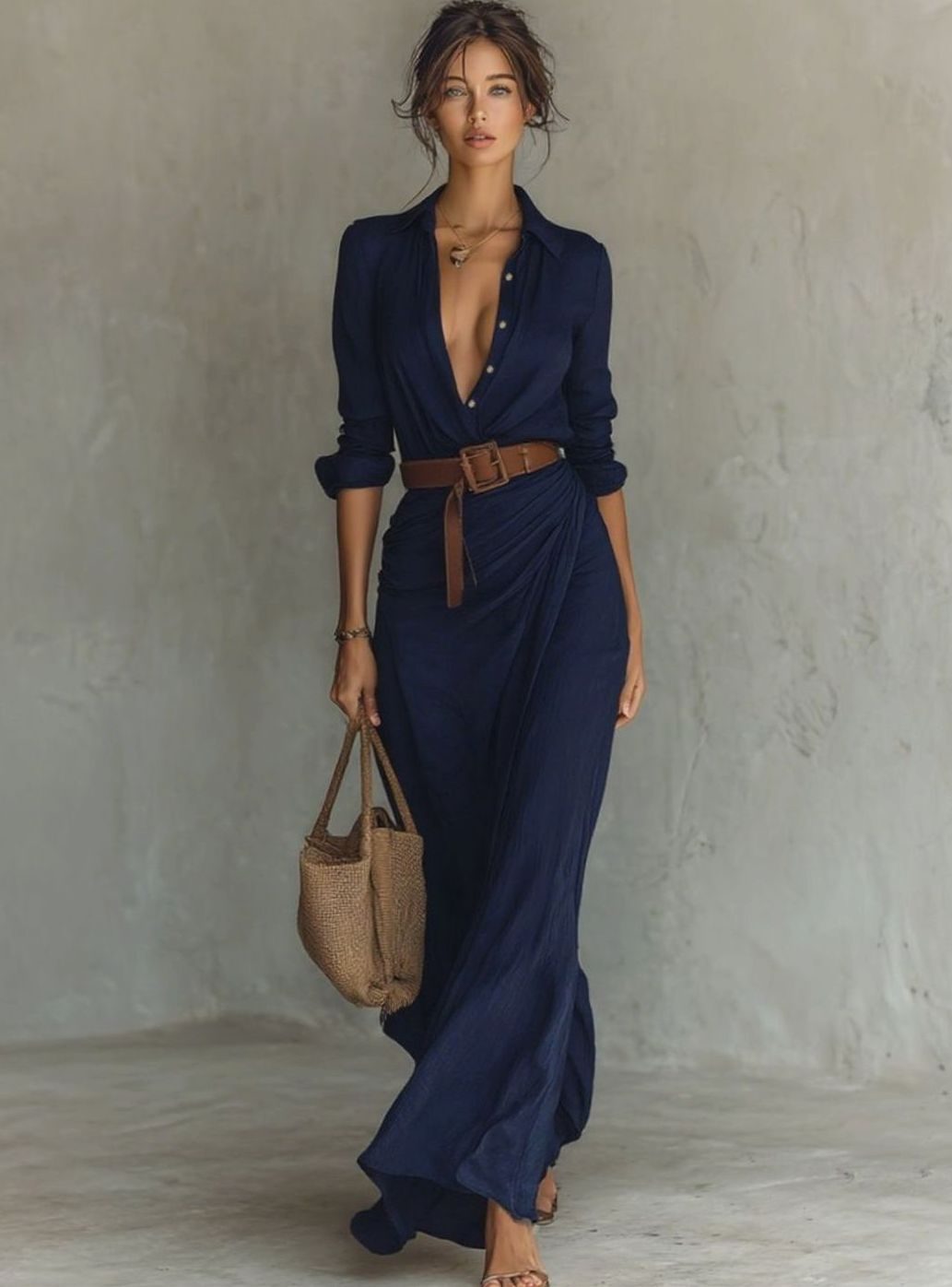 Women's Long-Sleeve Belted Shirt-Collar Flowy Maxi Dress, Khaki