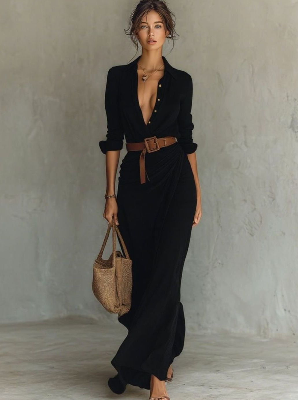 Women's Long-Sleeve Belted Shirt-Collar Flowy Maxi Dress, Khaki