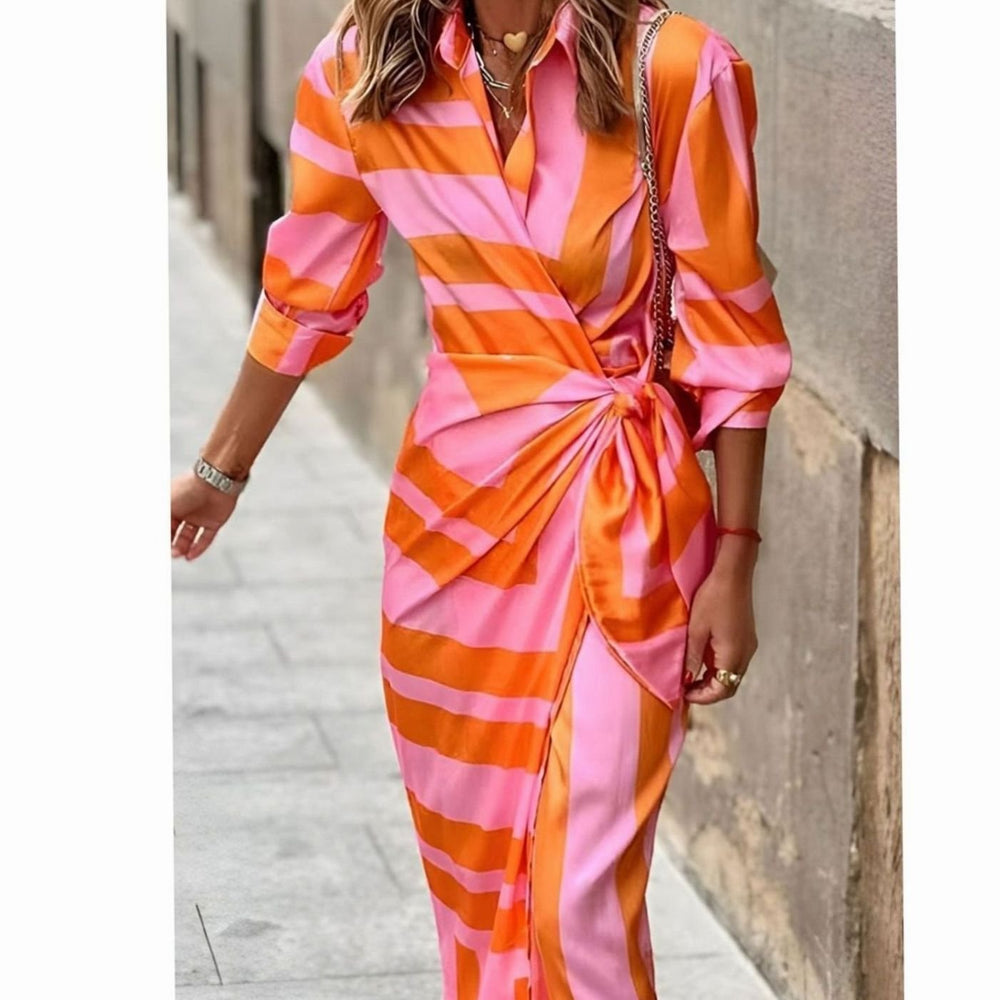 Women's Long-Sleeve Bold Stripe Wrap Midi Shirt Dress