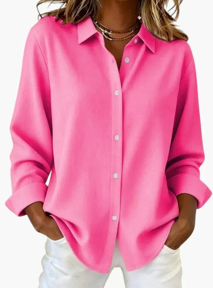 Women's Long-Sleeve Button-Up Collared Blouse - Fuchsia