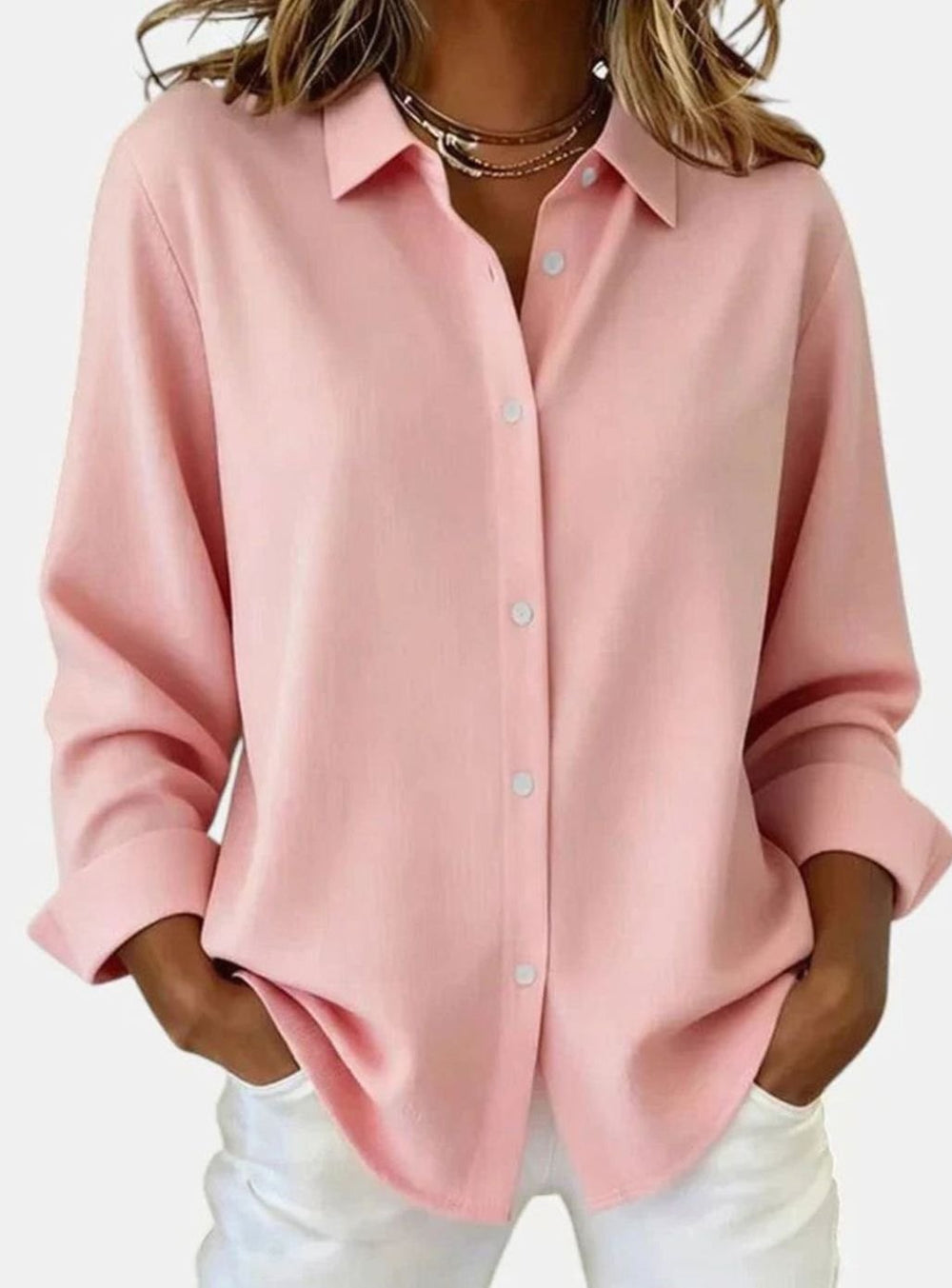 Women's Long-Sleeve Button-Up Collared Blouse - Pink