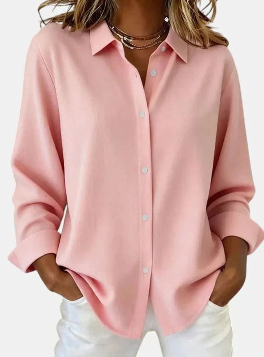 Women's Long-Sleeve Button-Up Collared Blouse - Pink