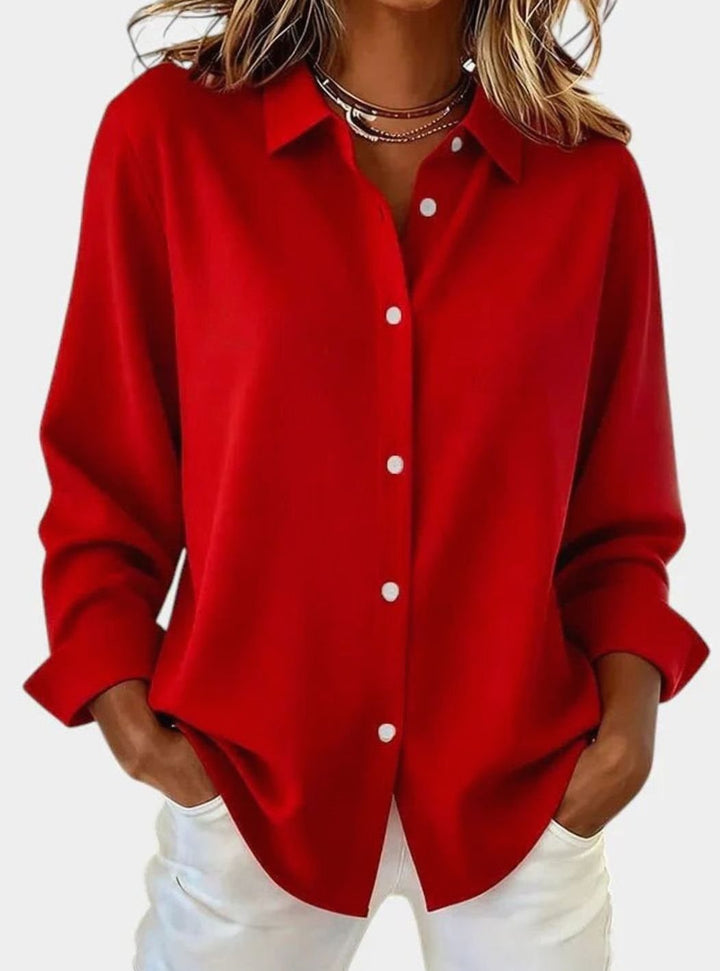 Women's Long-Sleeve Button-Up Collared Blouse - Red