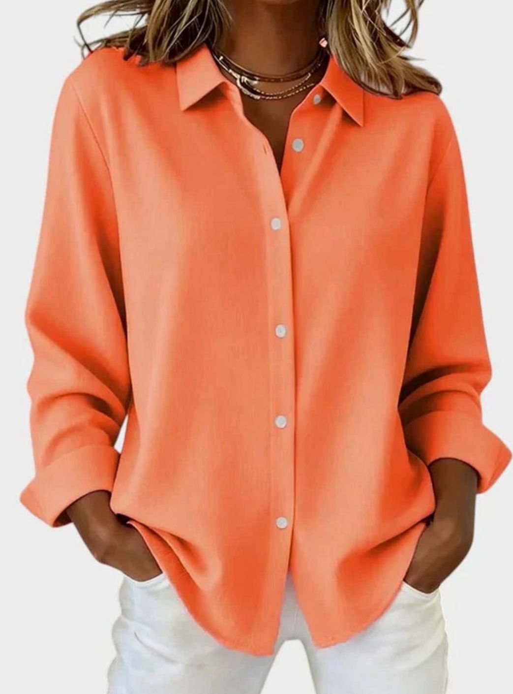 Women's Long-Sleeve Button-Up Collared Blouse - Orange