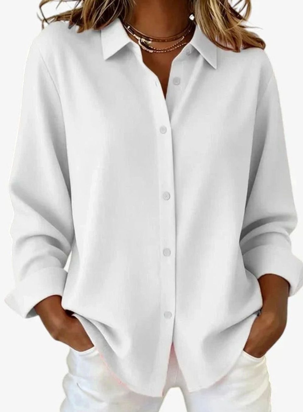 Women's Long-Sleeve Button-Up Collared Blouse - White