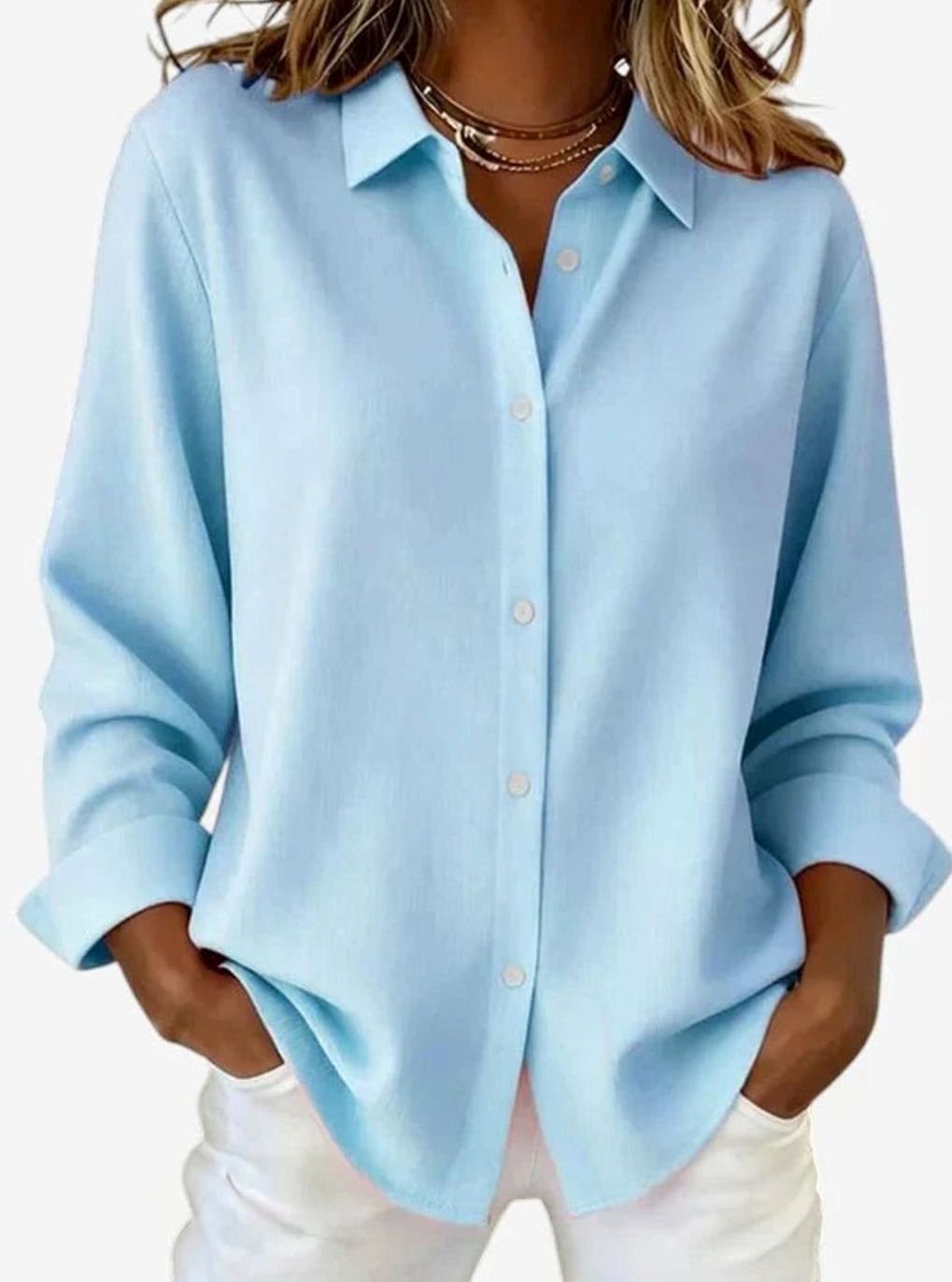 Women's Long-Sleeve Button-Up Collared Blouse - Blue