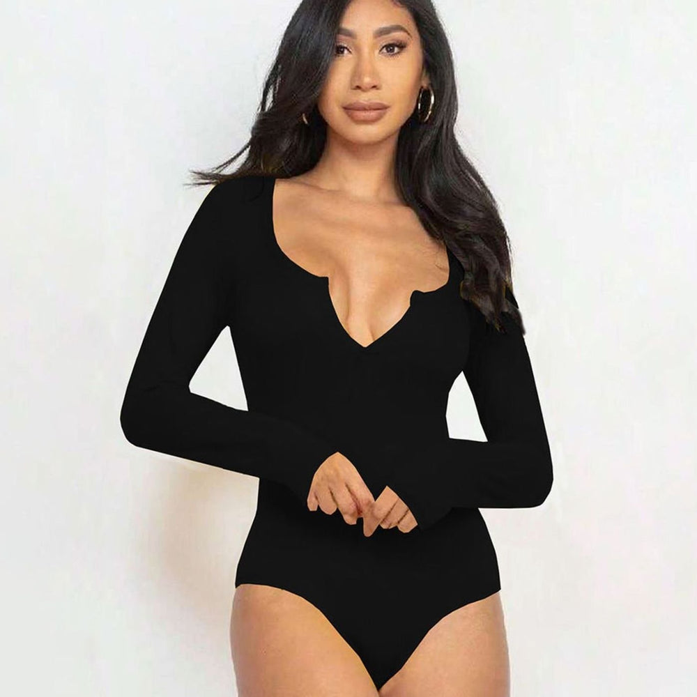 Women's Long-Sleeve Deep V-Neck Stretch Bodysuit