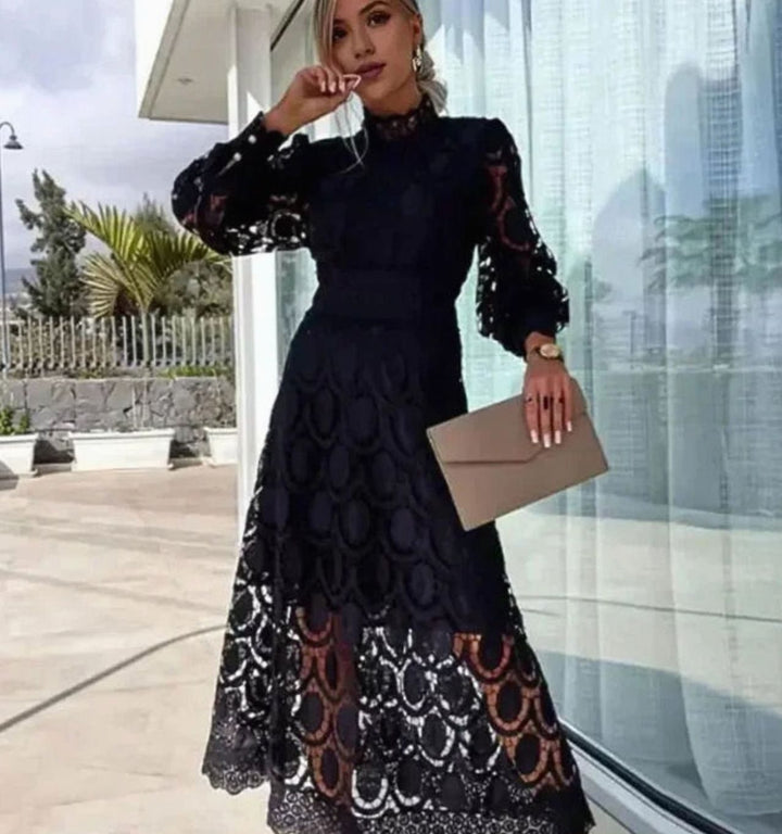 Women's Long-Sleeve Lace Midi Dress High-Neck Scallop Hem