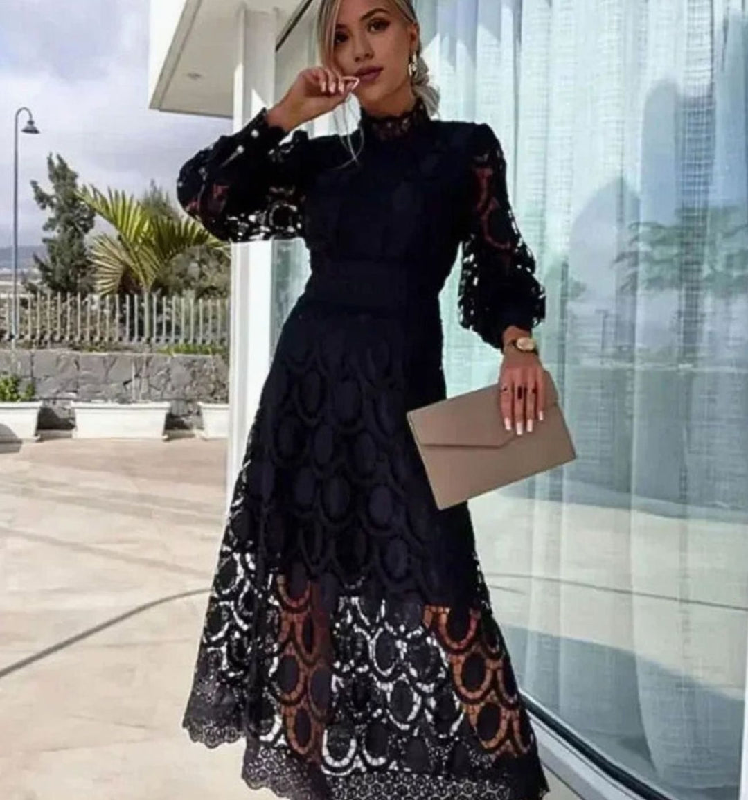 Women's Long-Sleeve Lace Midi Dress High-Neck Scallop Hem