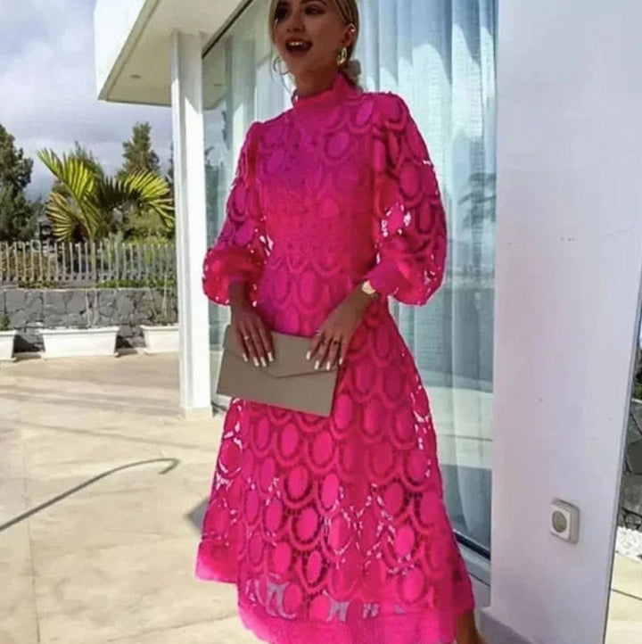 Women's Long-Sleeve Lace Midi Dress High-Neck Scallop Hem