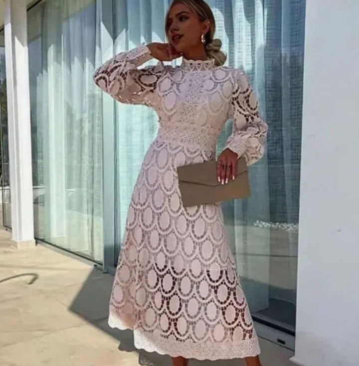 Women's Long-Sleeve Lace Midi Dress High-Neck Scallop Hem