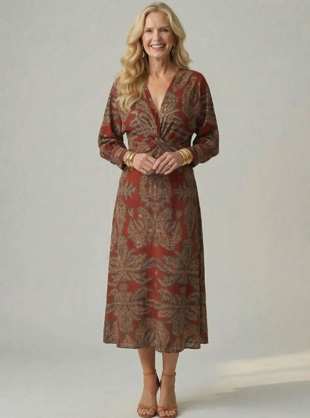 Women's Long Sleeve Midi Dress Twist-Front V-Neck Botanical Print