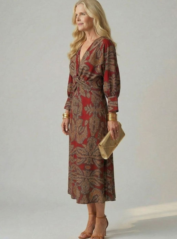 Women's Long Sleeve Midi Dress Twist-Front V-Neck Botanical Print