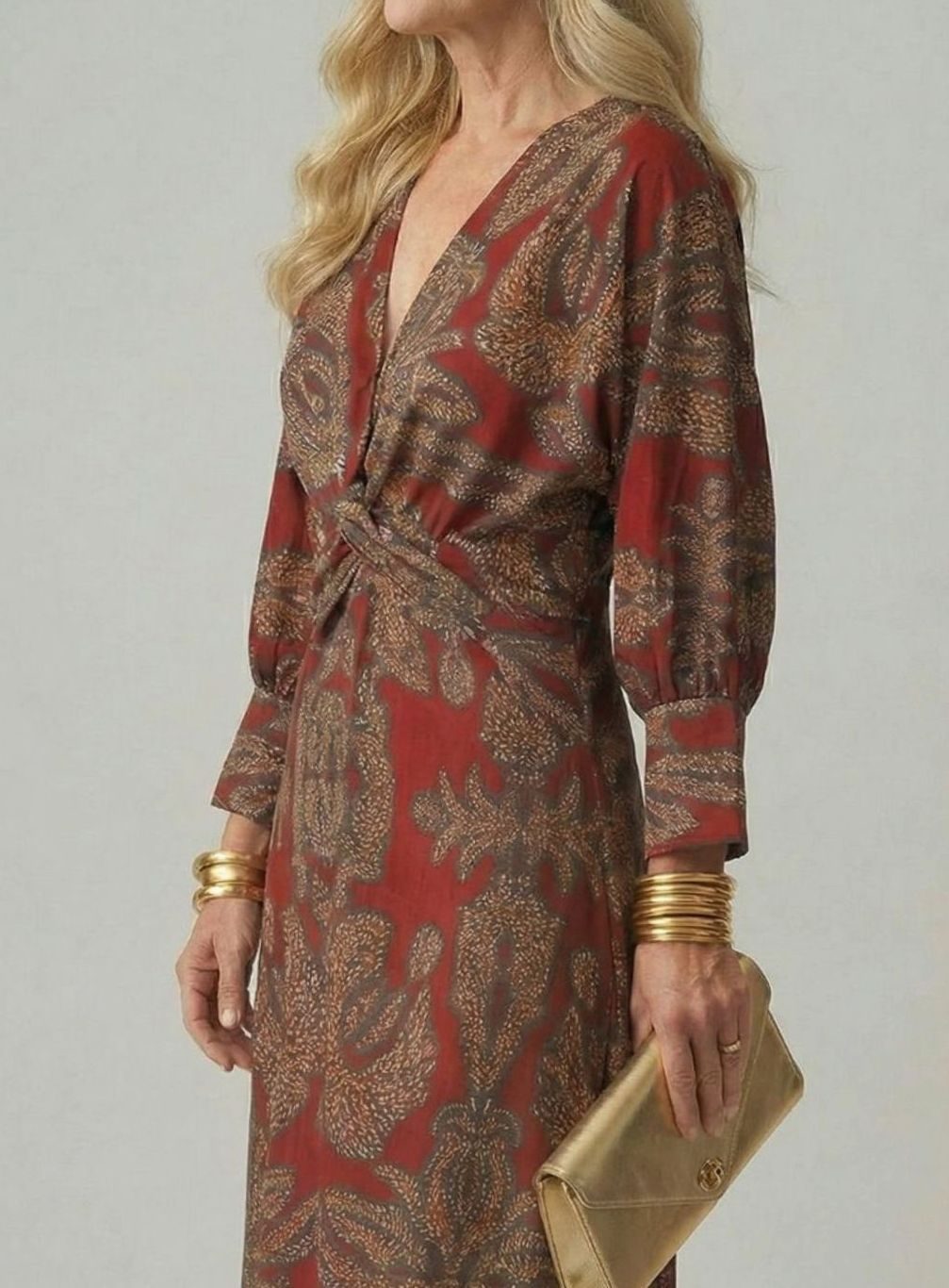 Women's Long Sleeve Midi Dress Twist-Front V-Neck Botanical Print