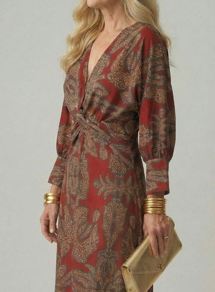 Women's Long Sleeve Midi Dress Twist-Front V-Neck Botanical Print