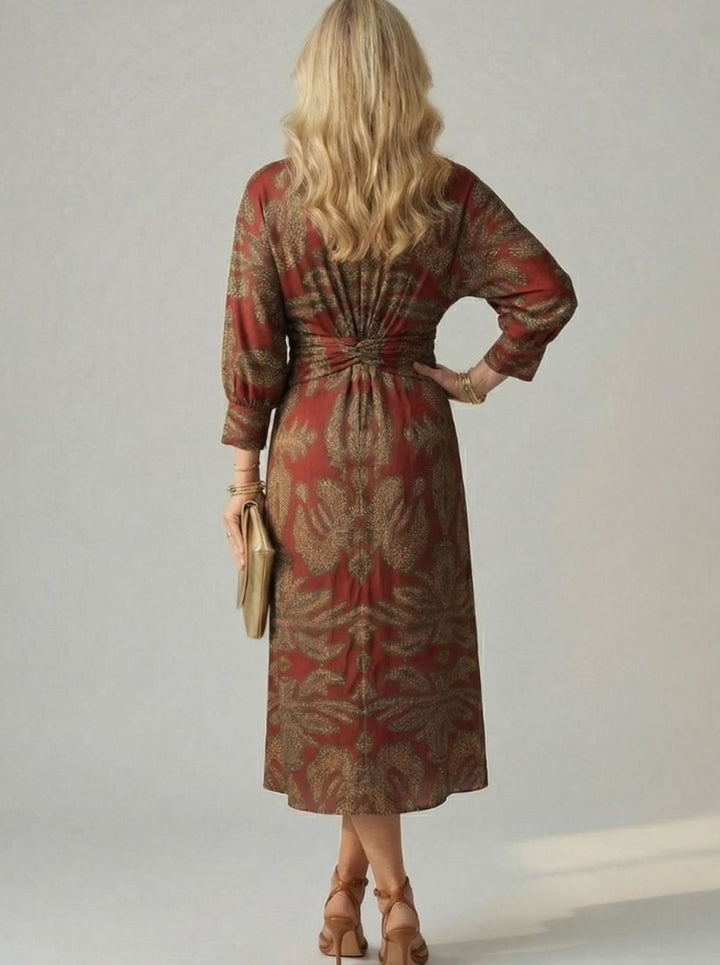 Women's Long Sleeve Midi Dress Twist-Front V-Neck Botanical Print