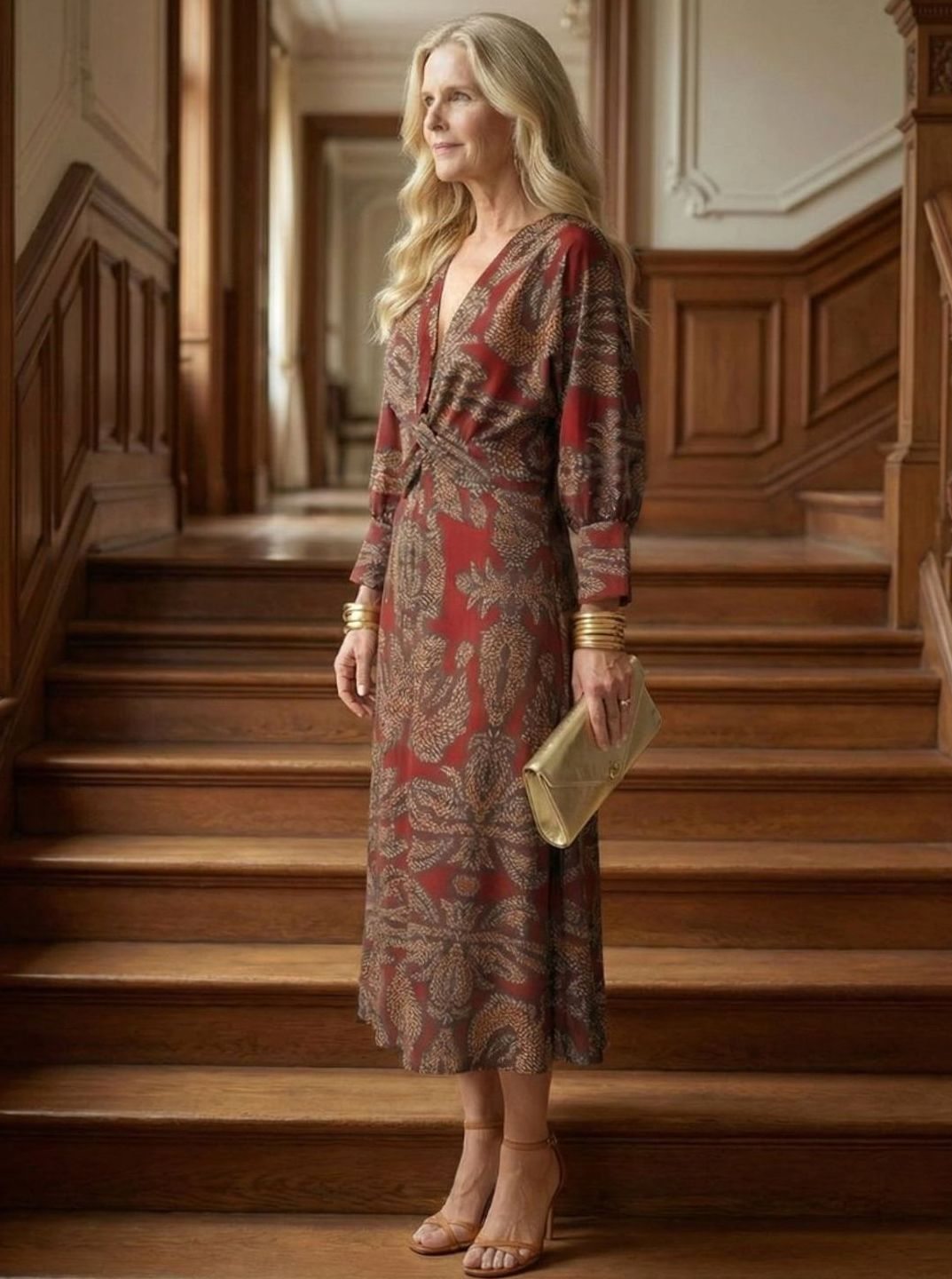 Women's Long Sleeve Midi Dress Twist-Front V-Neck Botanical Print