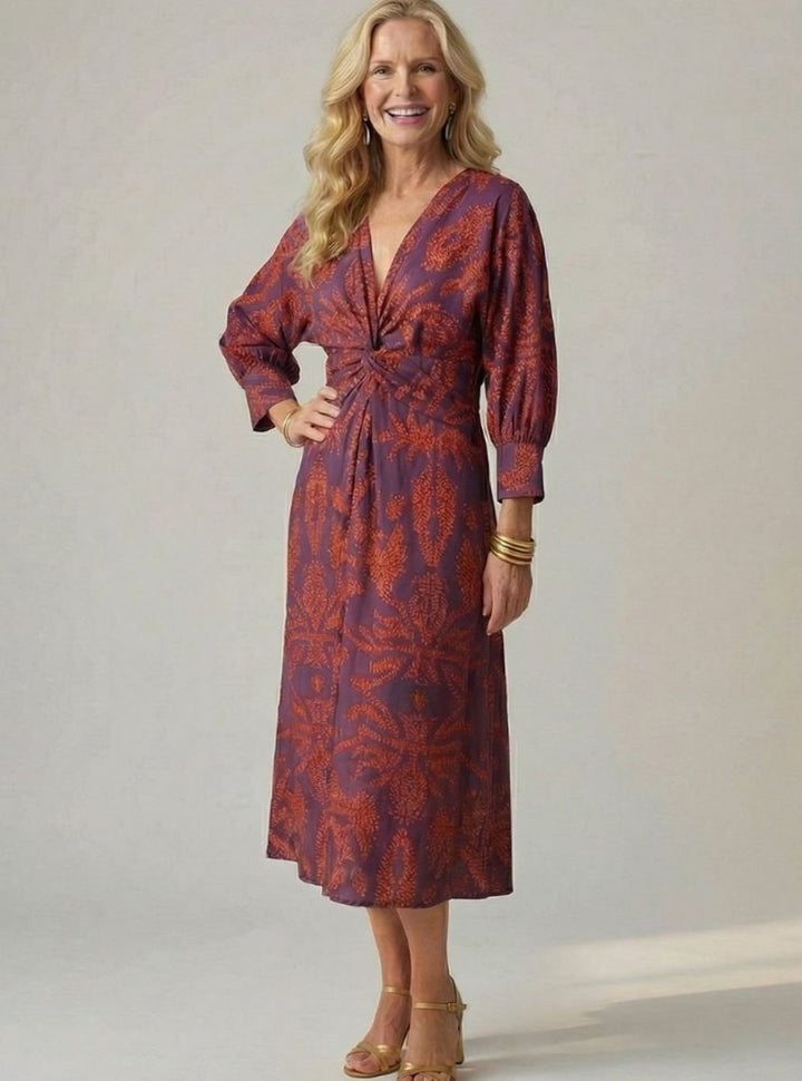 Women's Long Sleeve Midi Dress Twist-Front V-Neck Botanical Print