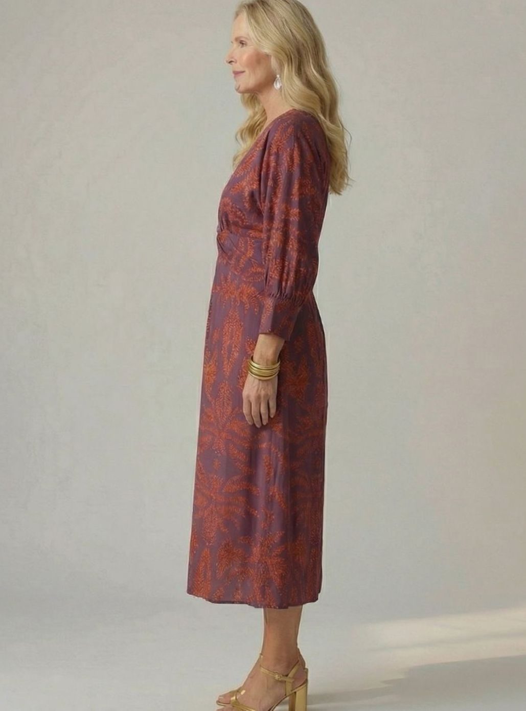 Women's Long Sleeve Midi Dress Twist-Front V-Neck Botanical Print