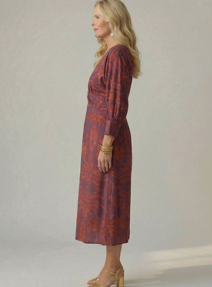 Women's Long Sleeve Midi Dress Twist-Front V-Neck Botanical Print