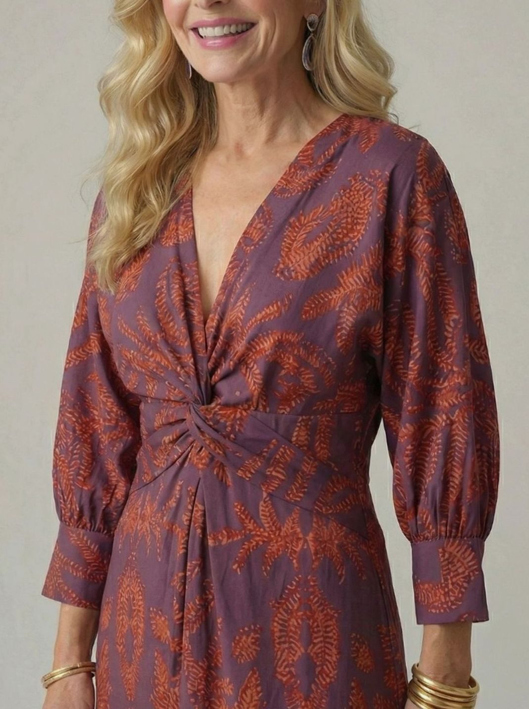 Women's Long Sleeve Midi Dress Twist-Front V-Neck Botanical Print