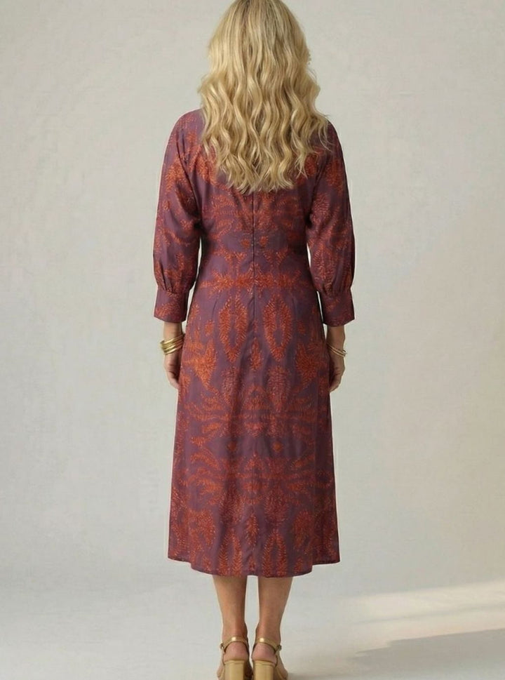 Women's Long Sleeve Midi Dress Twist-Front V-Neck Botanical Print