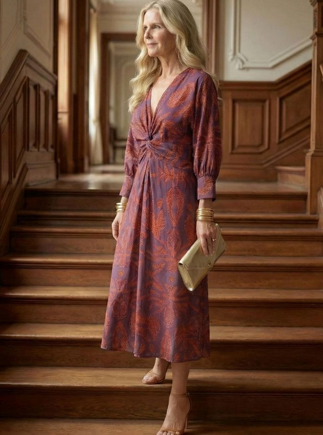 Women's Long Sleeve Midi Dress Twist-Front V-Neck Botanical Print