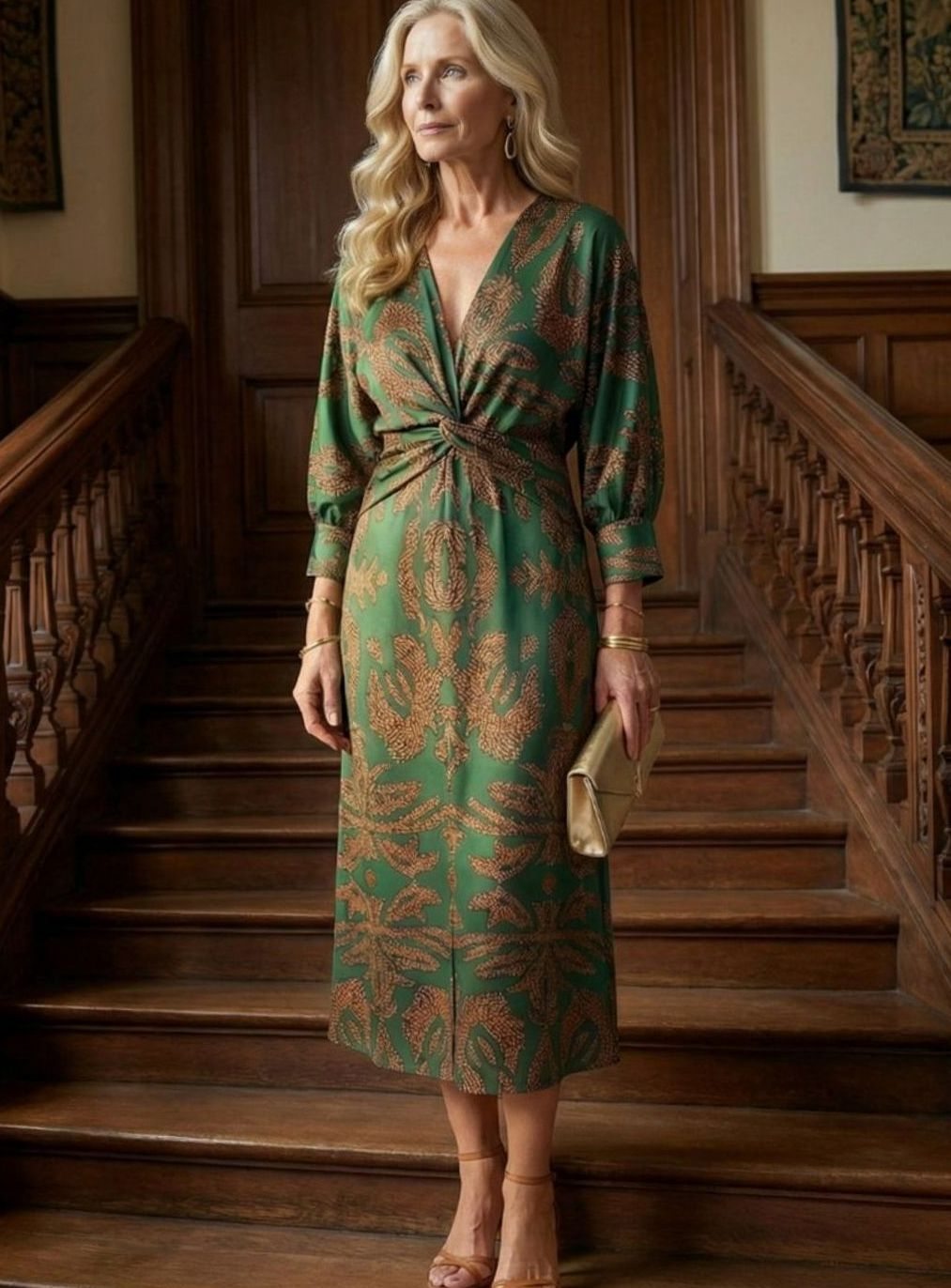 Women's Long Sleeve Midi Dress Twist-Front V-Neck Botanical Print