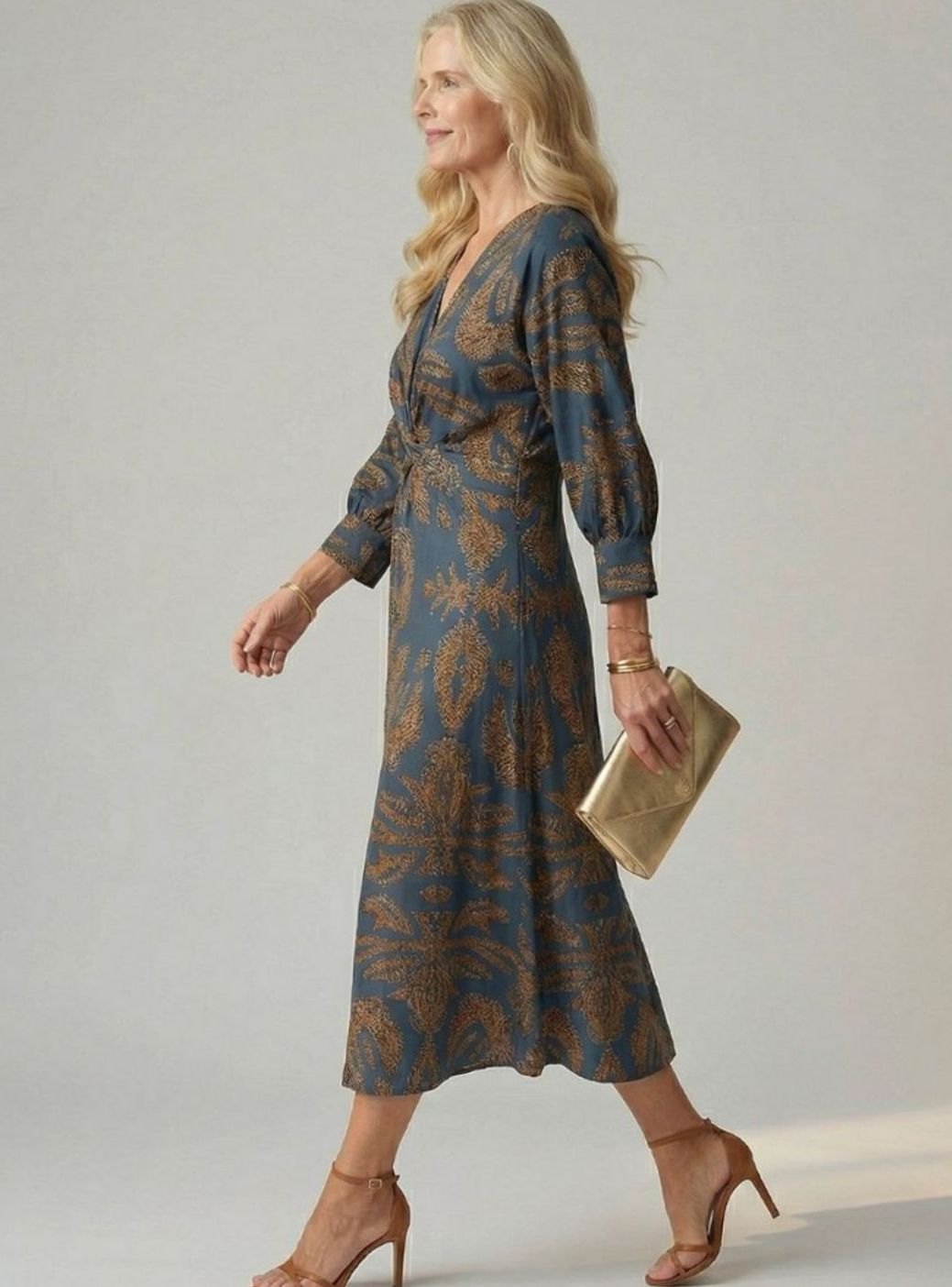 Women's Long Sleeve Midi Dress Twist-Front V-Neck Botanical Print