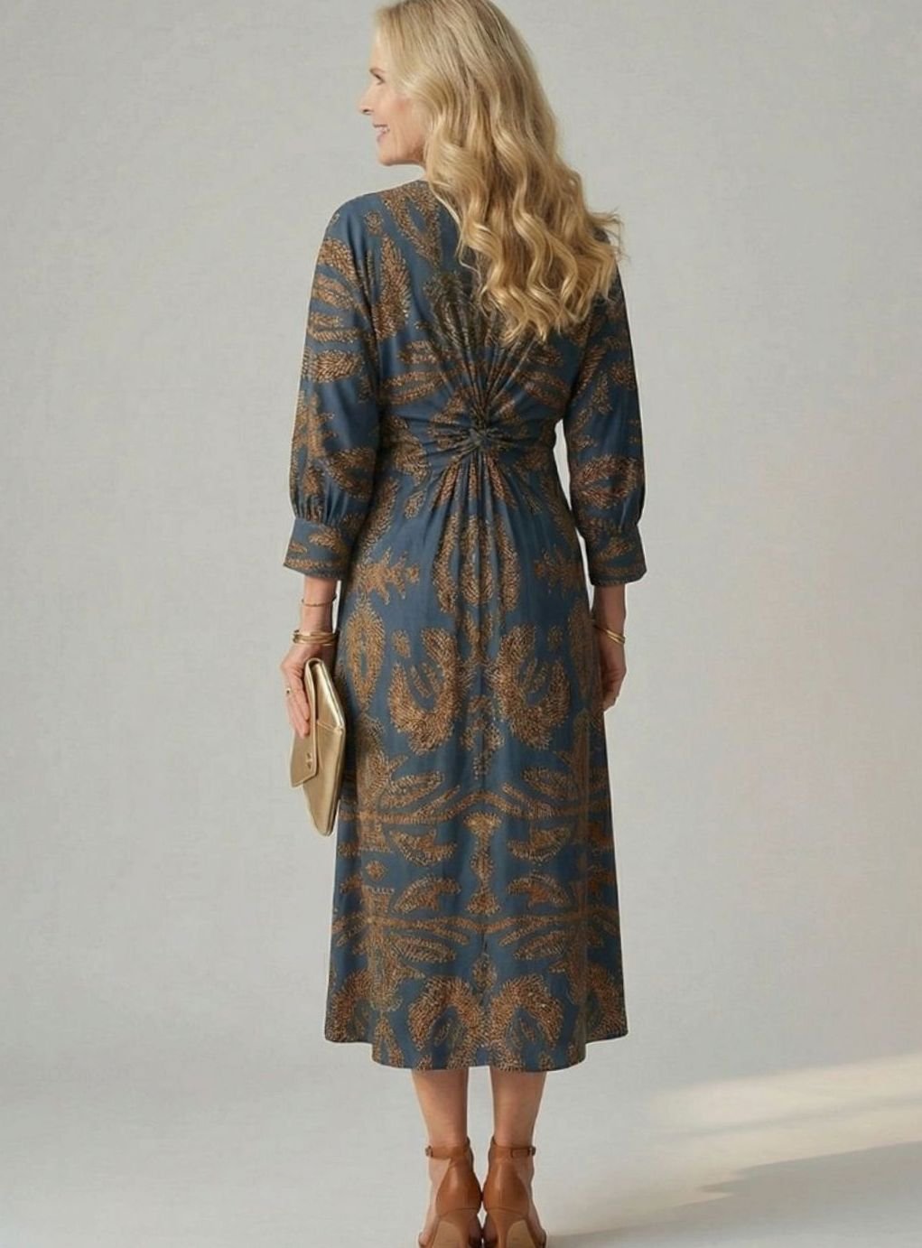 Women's Long Sleeve Midi Dress Twist-Front V-Neck Botanical Print