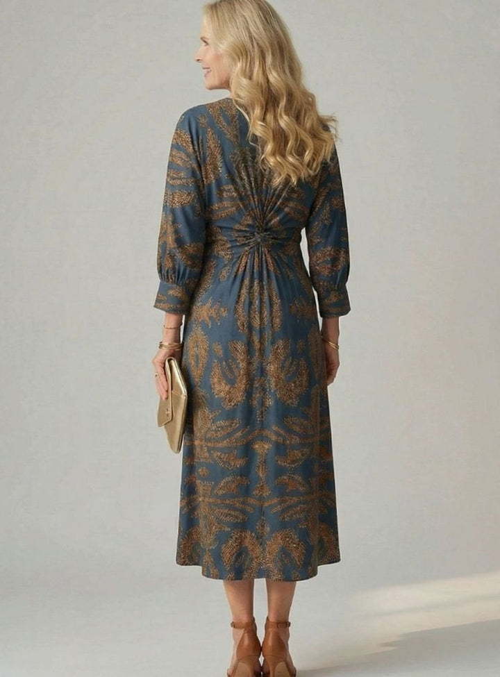 Women's Long Sleeve Midi Dress Twist-Front V-Neck Botanical Print