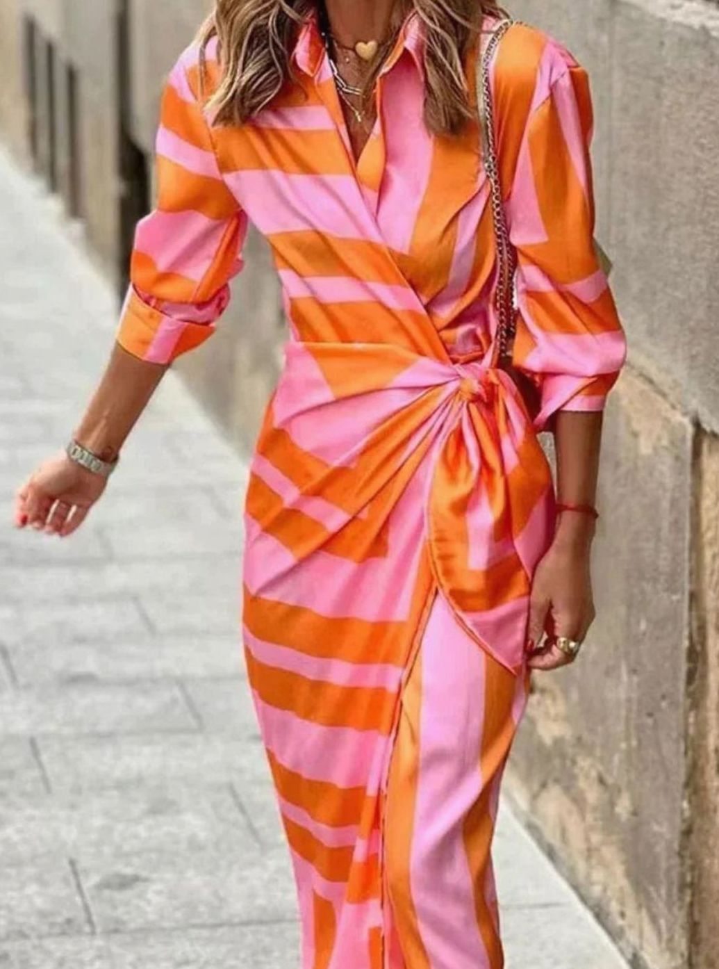 Women's Long-Sleeve Striped Wrap Midi Dress Self-Tie Waist