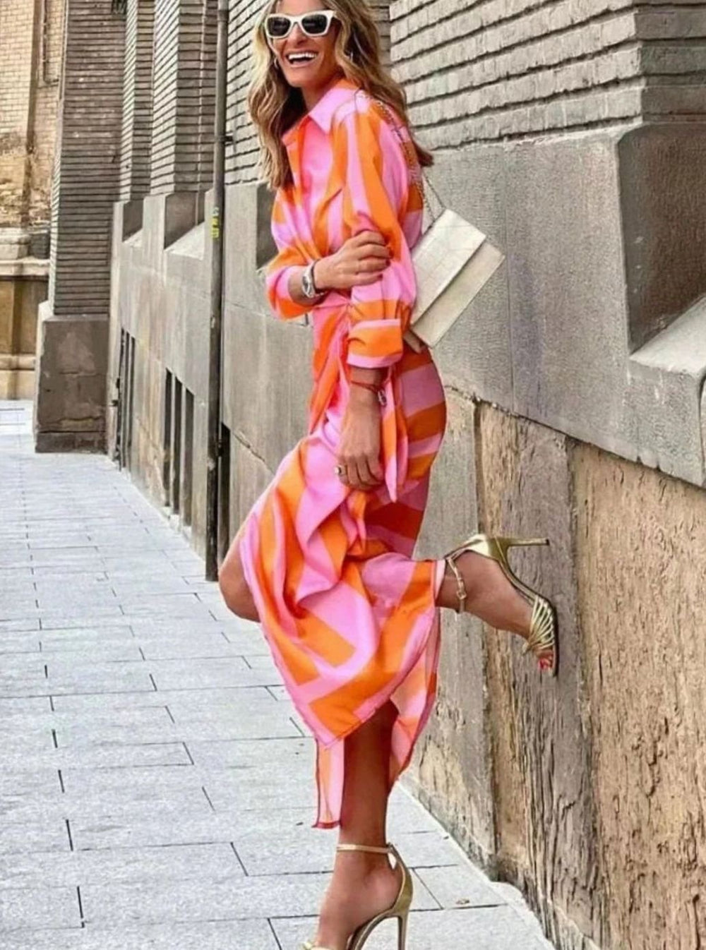 Women's Long-Sleeve Striped Wrap Midi Dress Self-Tie Waist