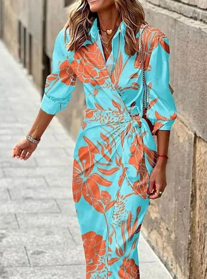 Women's Long-Sleeve Striped Wrap Midi Shirt Dress