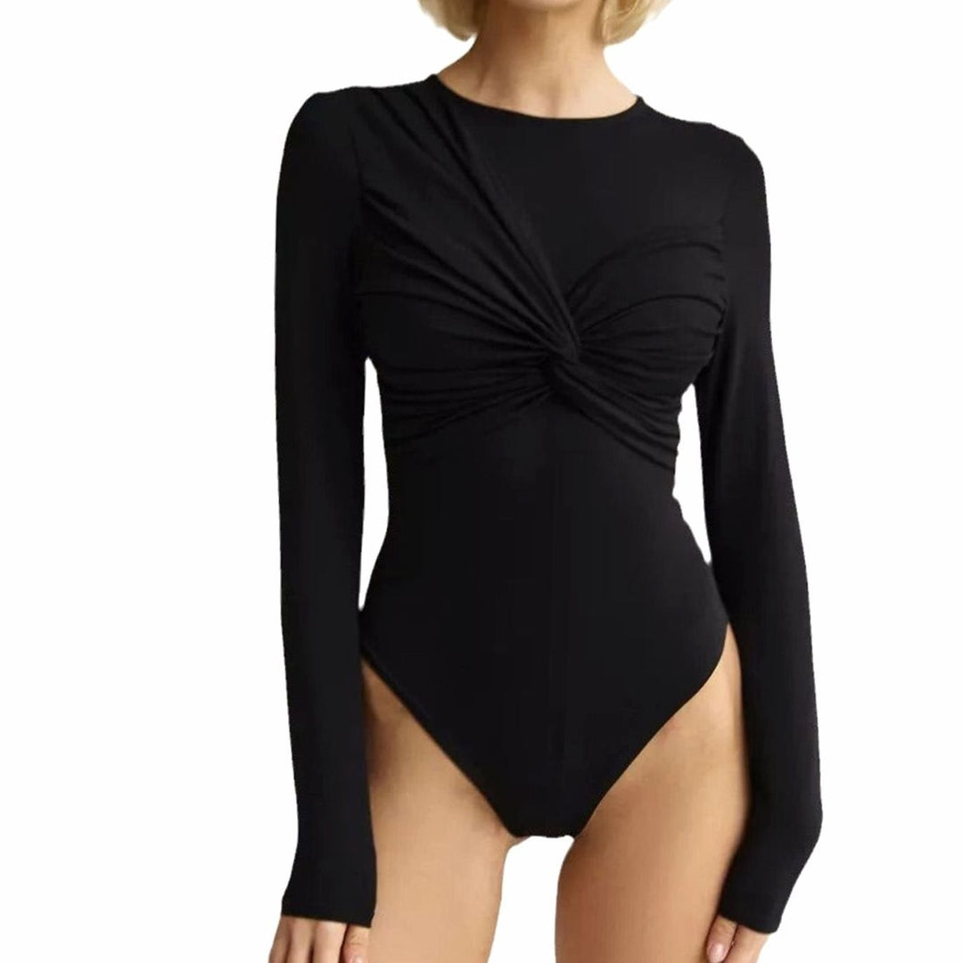 Women's Long-Sleeve Twist-Knot Front Stretch Bodysuit