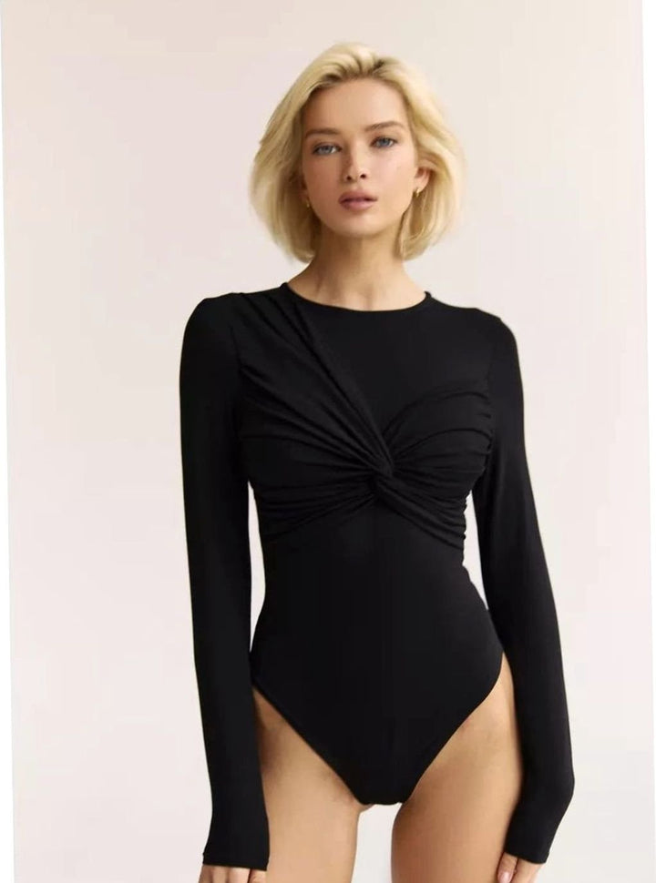 Women's Long-Sleeve Twist-Knot Front Stretch Bodysuit
