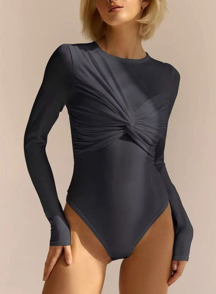Women's Long-Sleeve Twist-Knot Front Stretch Bodysuit - Grey