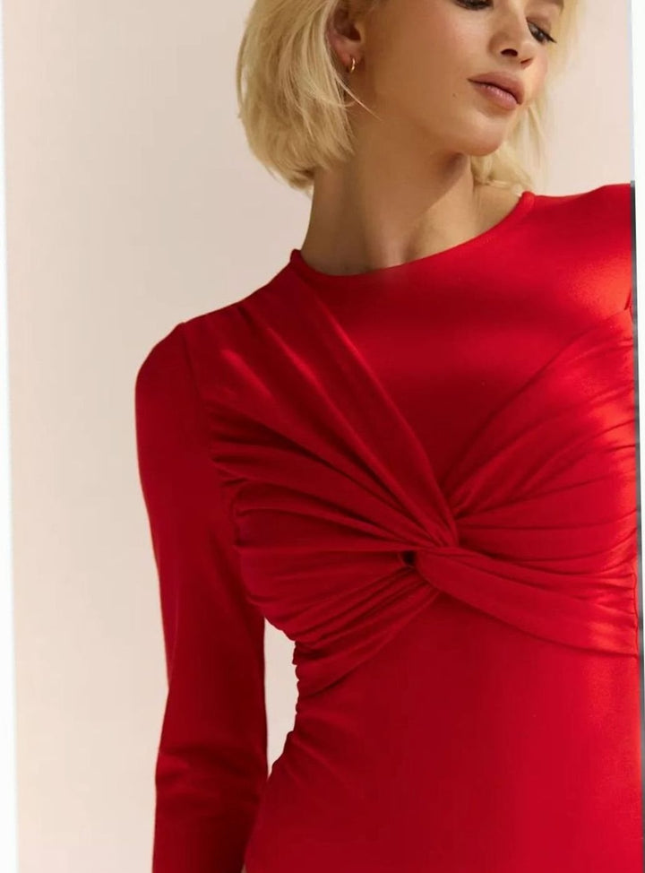 Women's Long-Sleeve Twist-Knot Front Stretch Bodysuit - Red