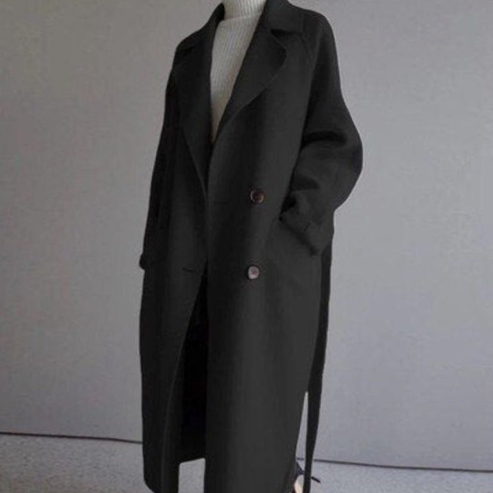 Women's Long Wool Blend Double-Breasted Lapel Coat - Black