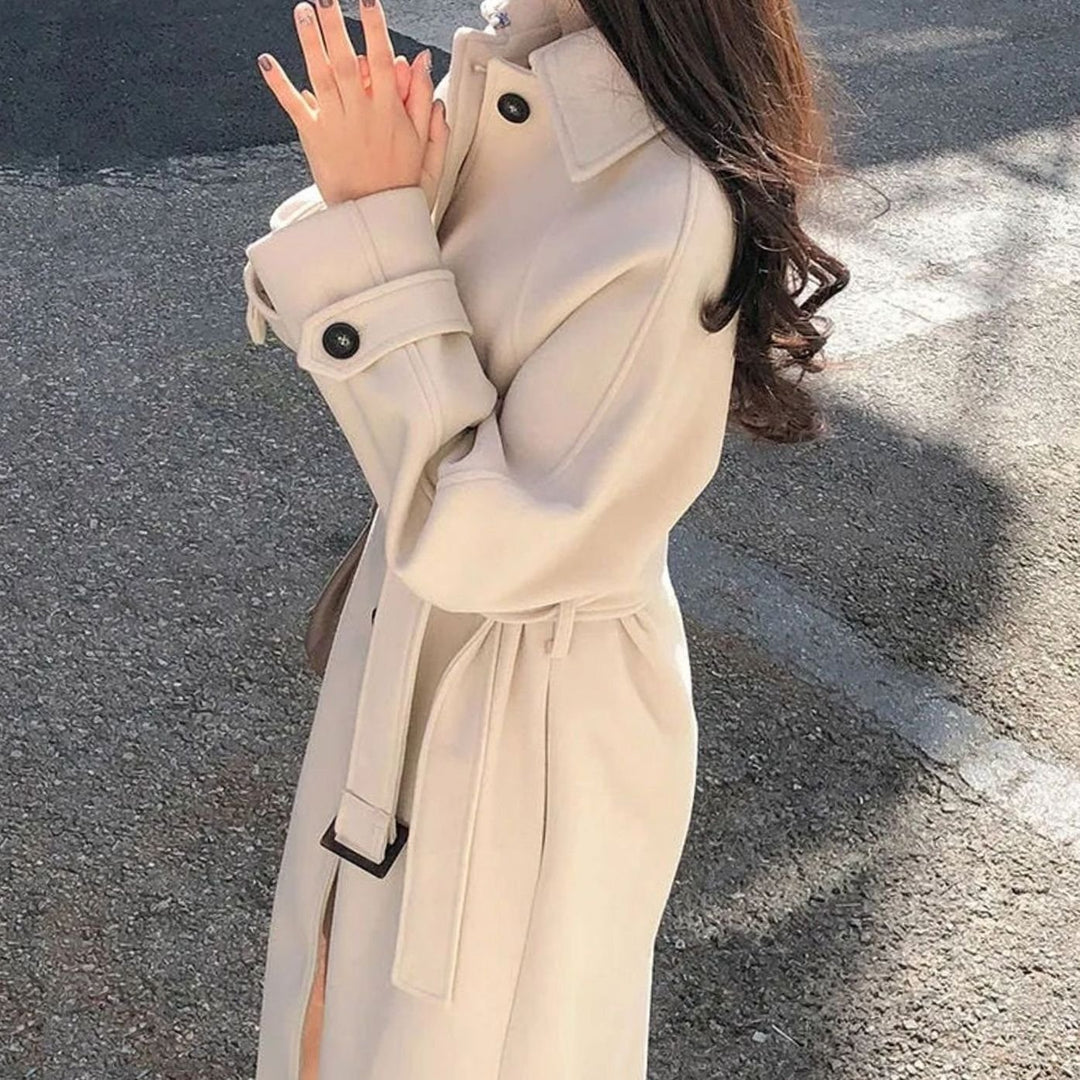 Women's Longline Belted Wool-Blend Wrap Coat - Beige