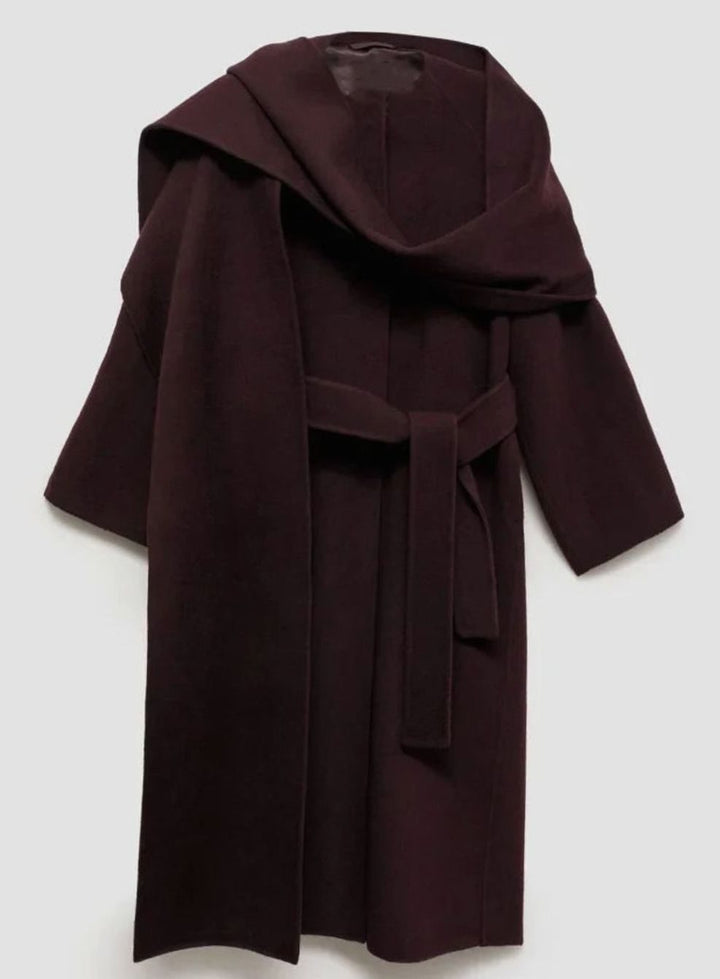 Women's Longline Wool Blend Wrap Winter Coat - Burgundy
