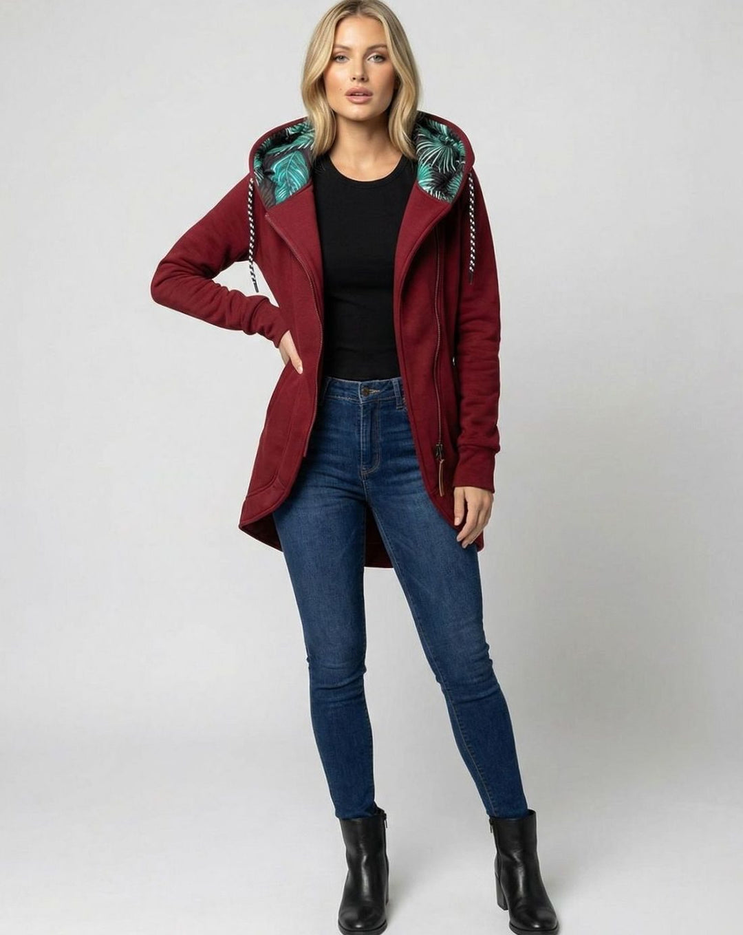 Women's Longline Zip-Up Hooded Fleece Winter Coat - Burgundy