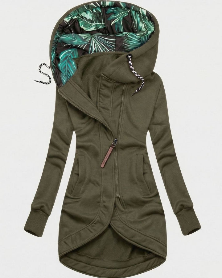 Women's Longline Zip-Up Hooded Fleece Winter Coat - Army Green
