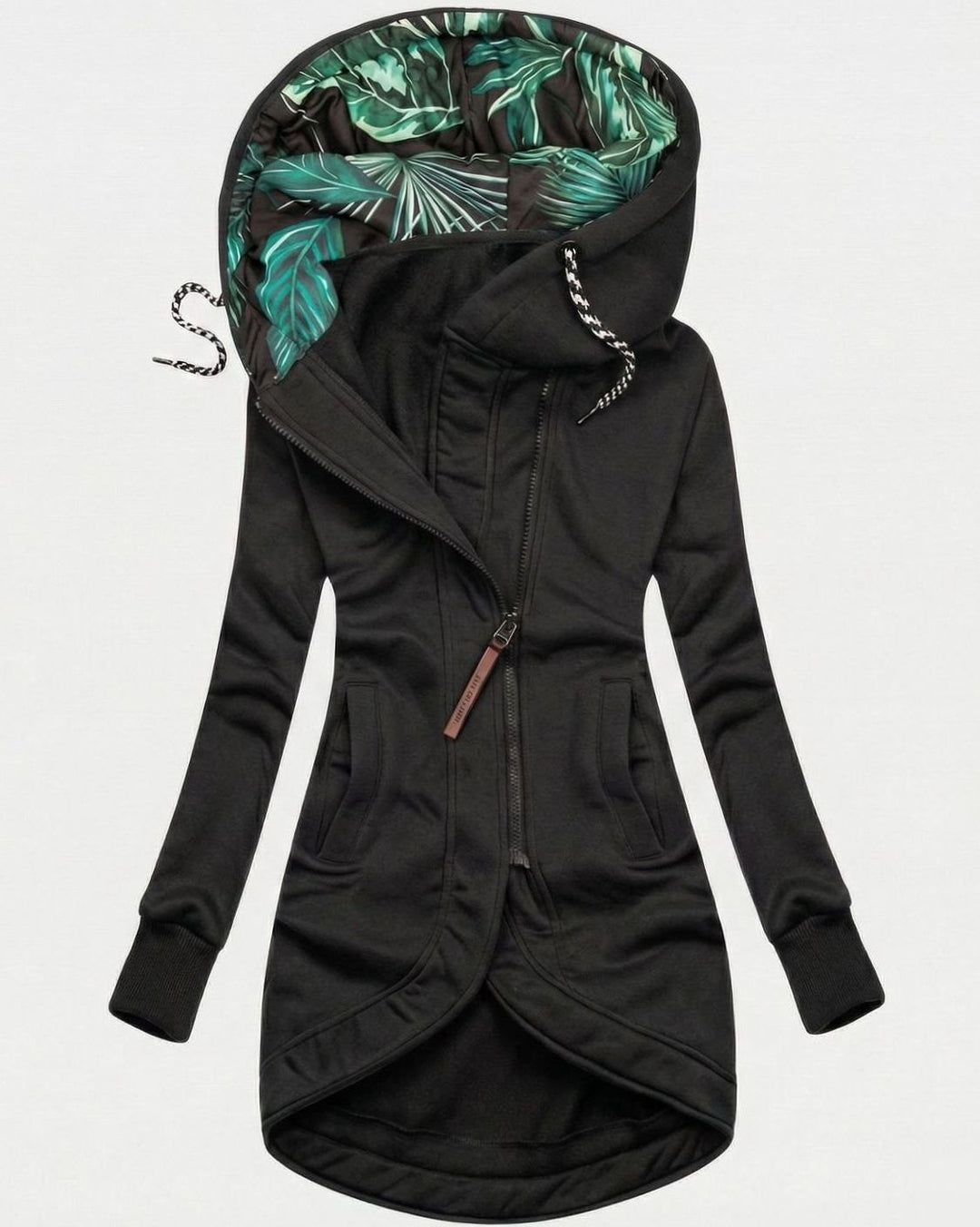 Women's Longline Zip-Up Hooded Fleece Winter Coat - Black