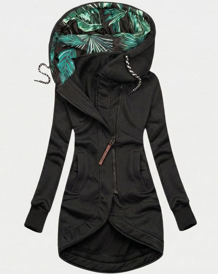 Women's Longline Zip-Up Hooded Fleece Winter Coat - Black