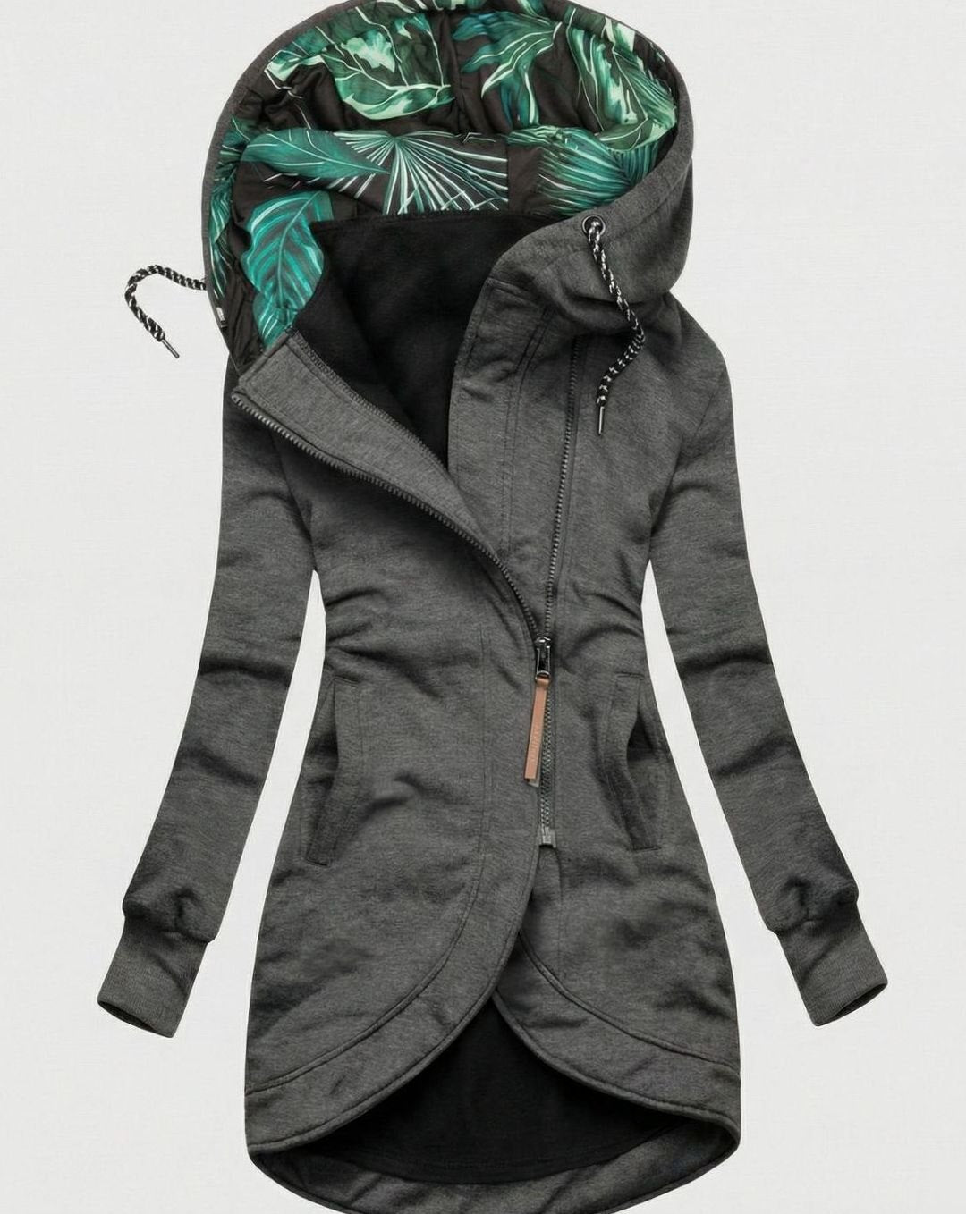 Women's Longline Zip-Up Hooded Fleece Winter Coat - Grey