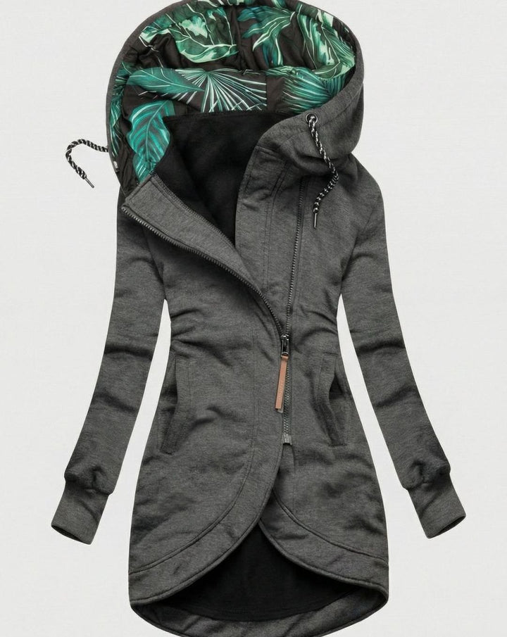 Women's Longline Zip-Up Hooded Fleece Winter Coat - Grey