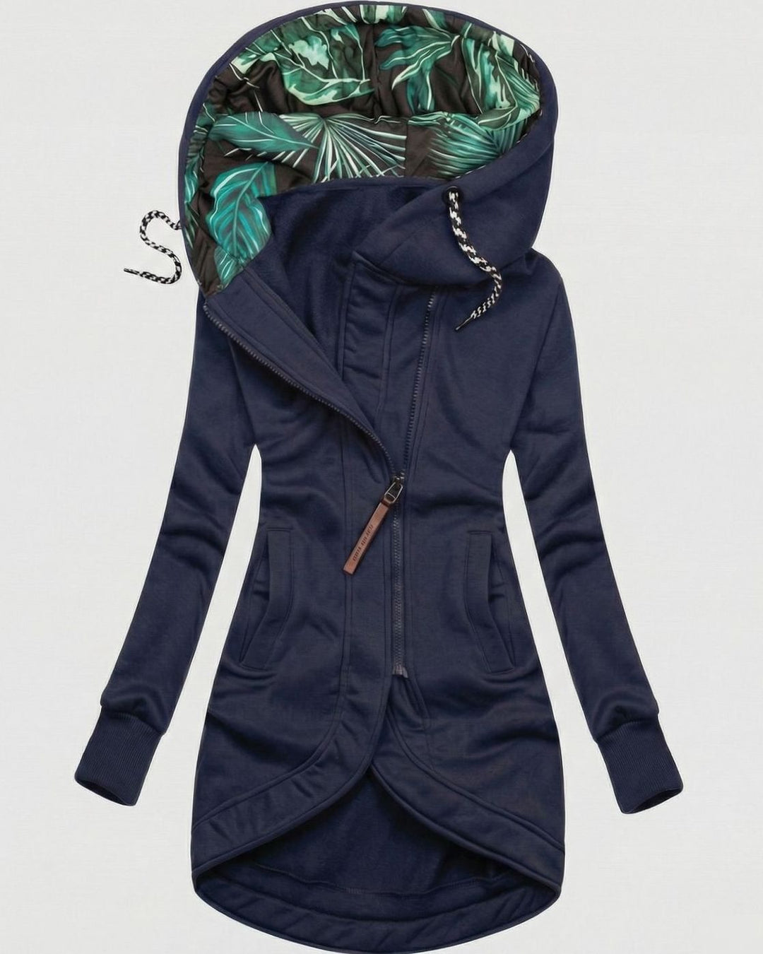 Women's Longline Zip-Up Hooded Fleece Winter Coat - Navy Blue